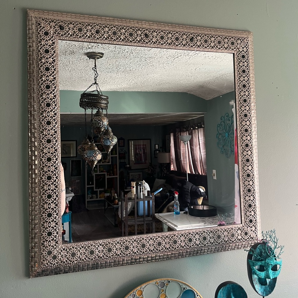Large Moroccan Ornate Metal Wall Mirror Silver